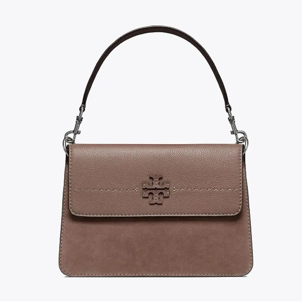 NWT Tory Burch McGraw Shoulder Crossbody Bag Mixed Leather Suede Silver Maple